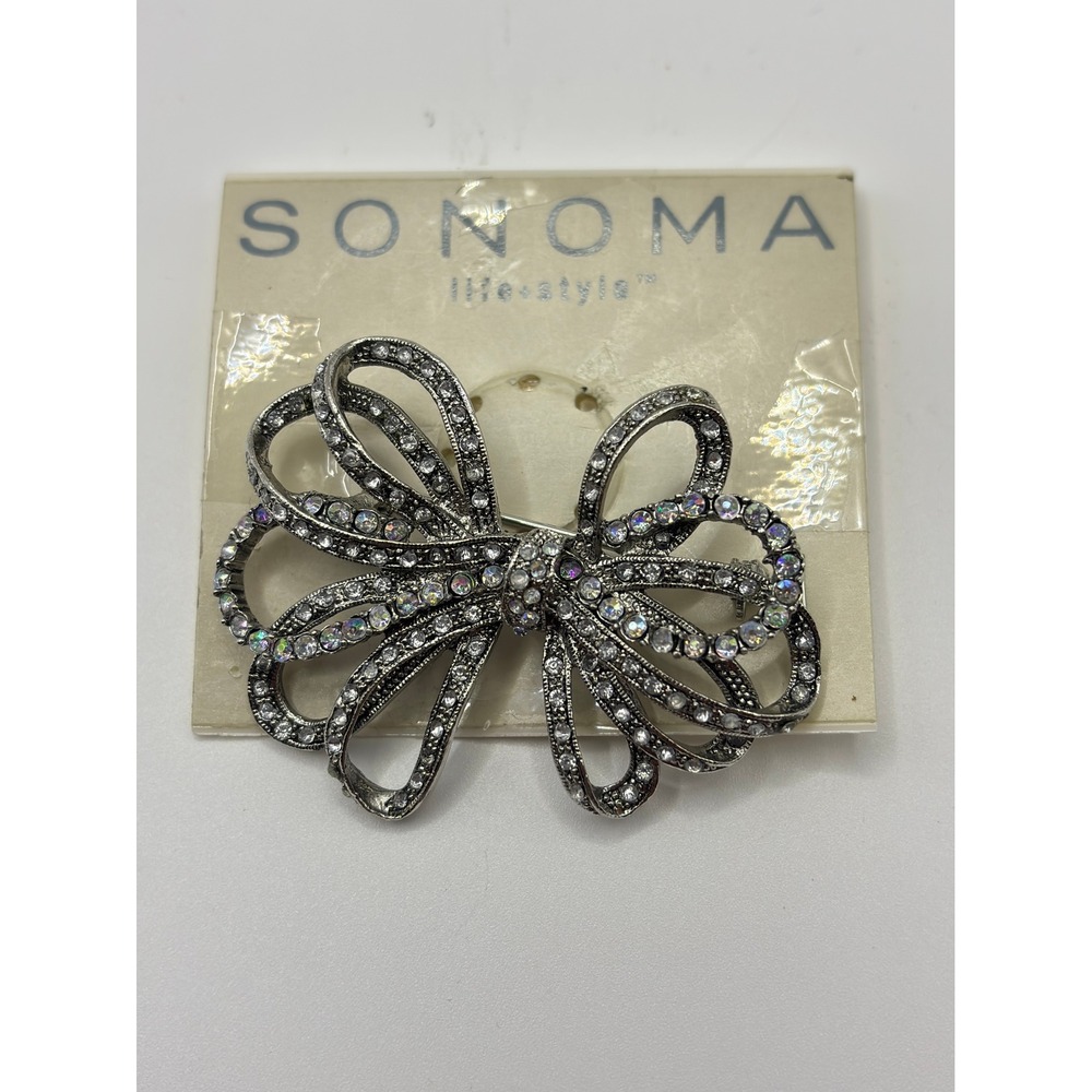 Sonoma Life Style Silver Tone Rhinestone Bow‎ Brooch Pin Aurora Borealis Vintage